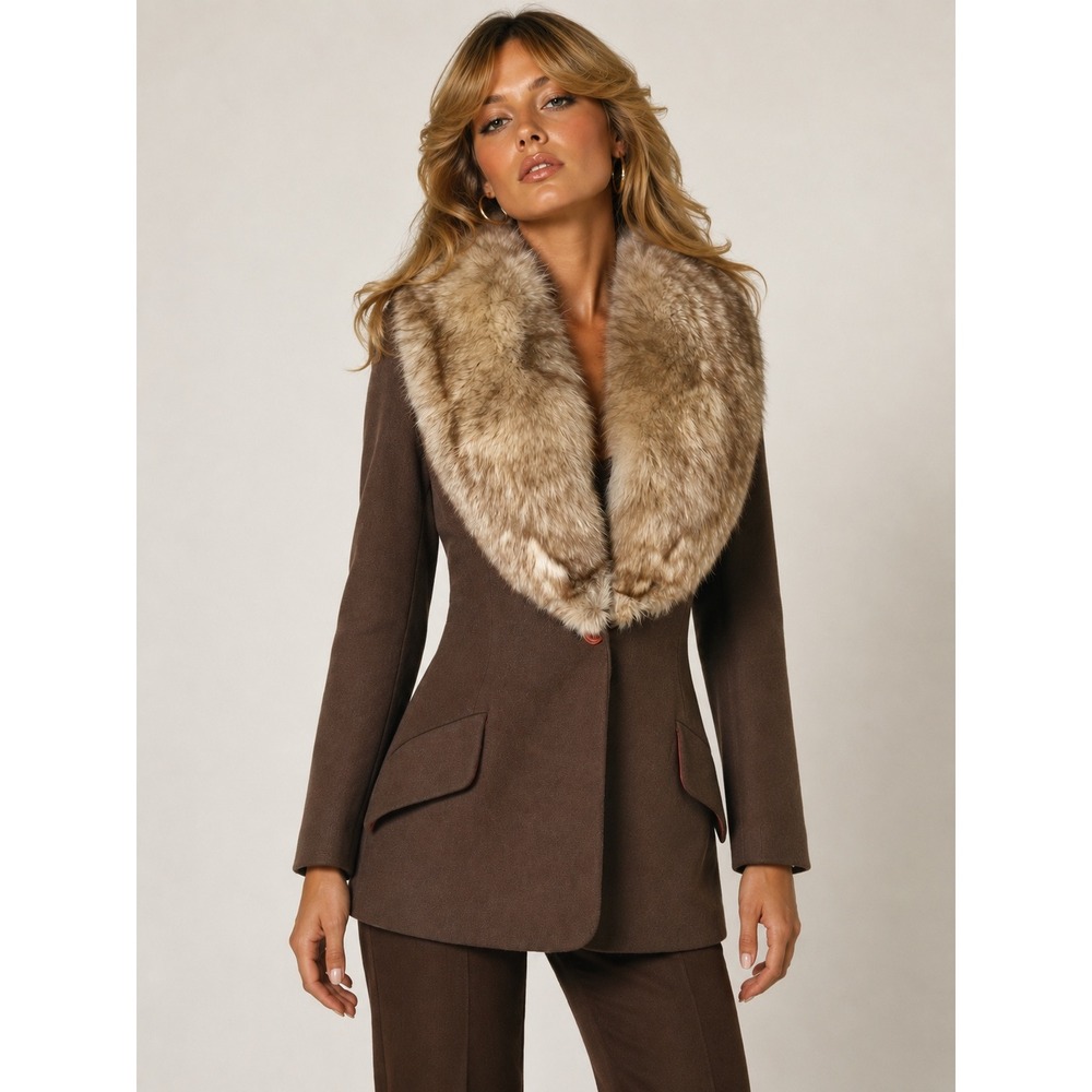 Vintage 70s Saks 5th Ave Brown Wool Jacket Genuine Blue Fox Fur Collar Blazer